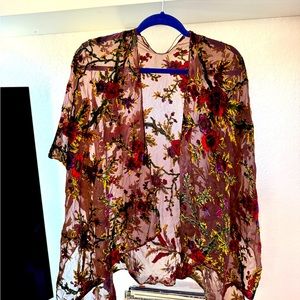 Anthropologie BOHO Floral Kimono Wrap Sheer Brown Vevket Floral Details One Size